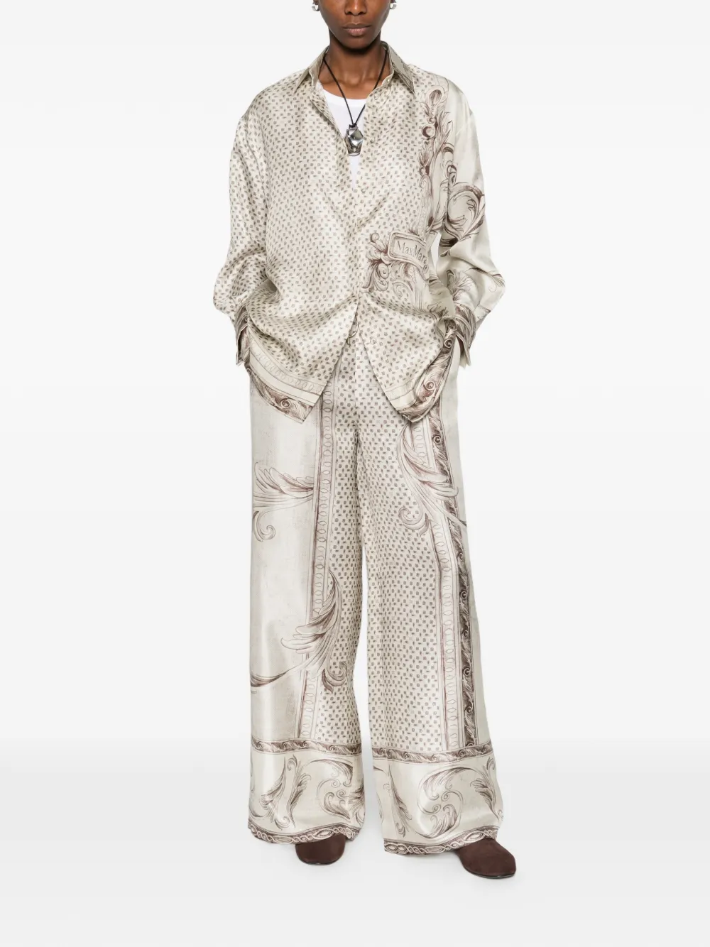 Max Mara Grado Printed Silk Satin Shirt In Neutral