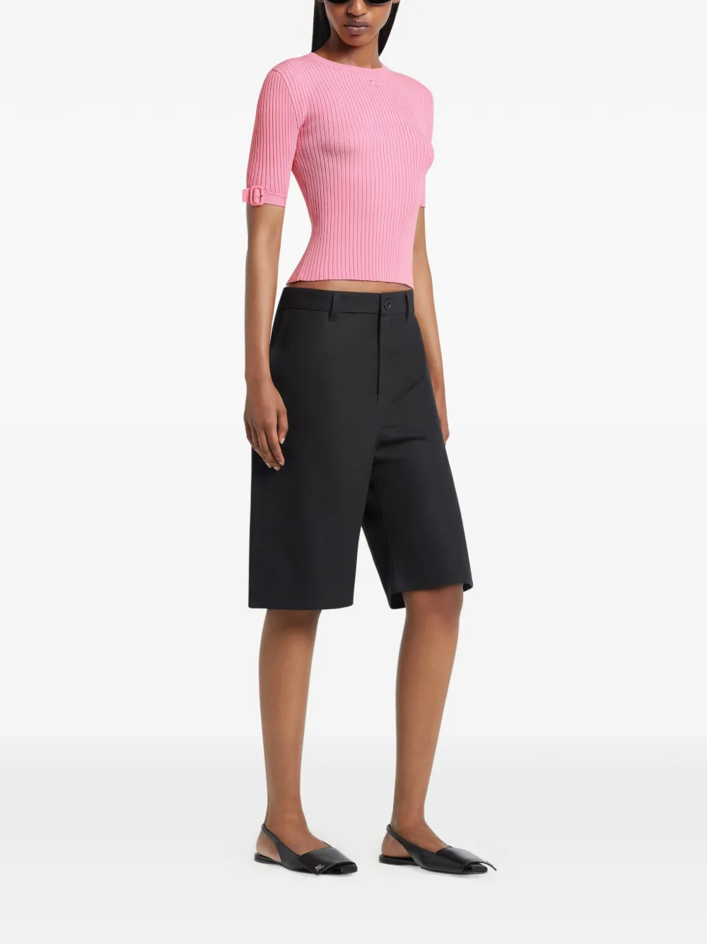 Courrèges Geribbeld T-shirt met gespmouwen Roze