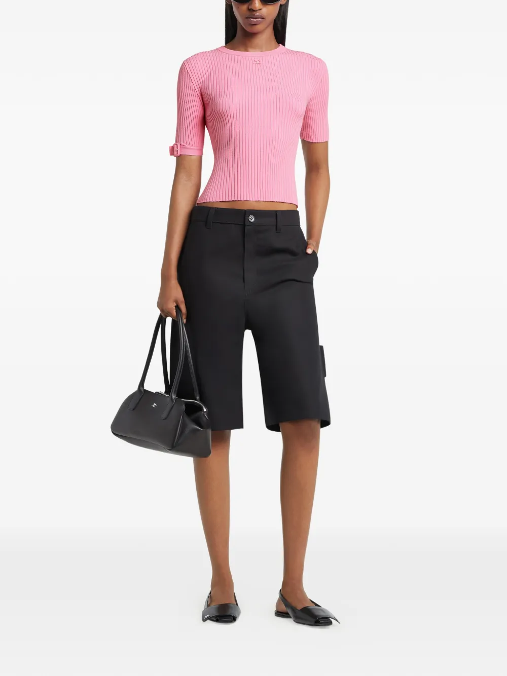 Courrèges Geribbeld T-shirt met gespmouwen Roze