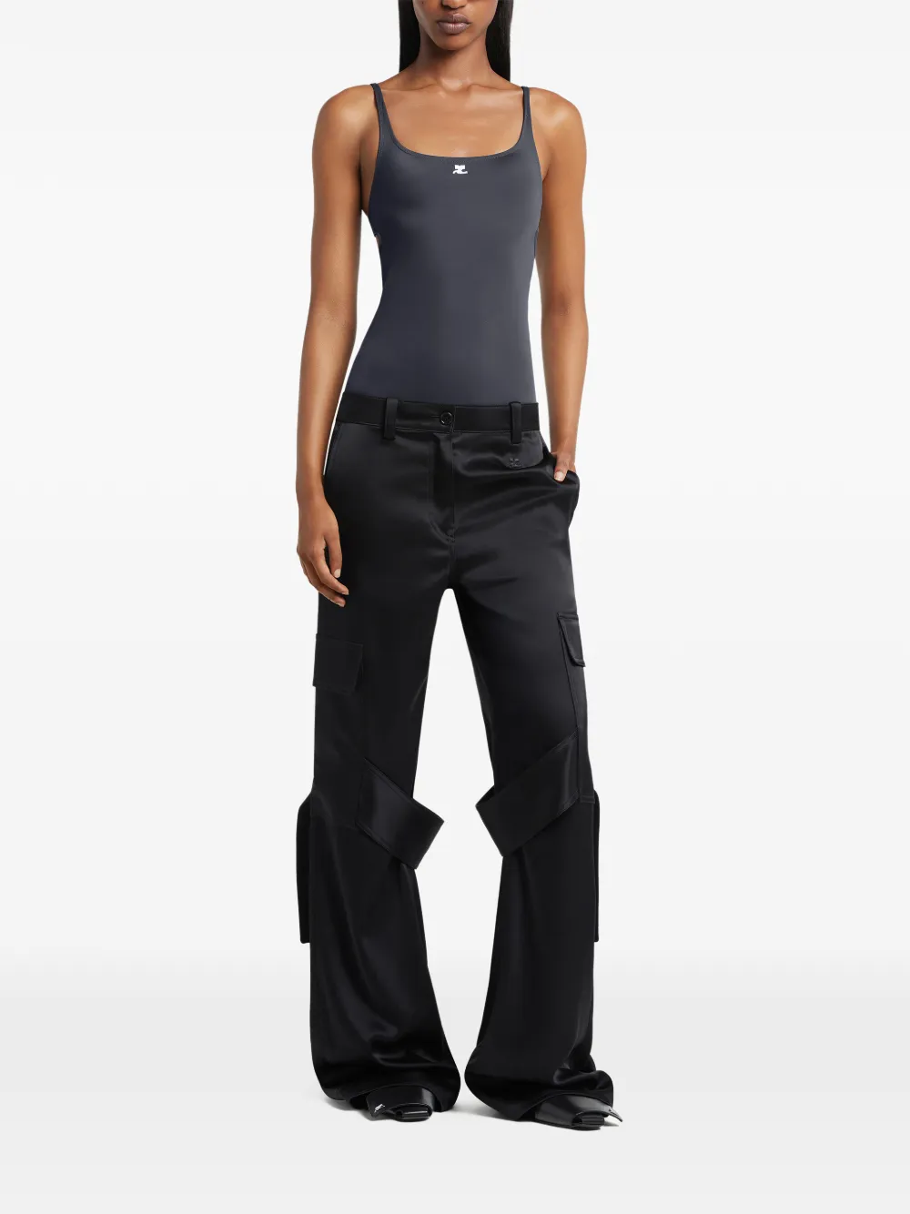 Courr&egrave;ges Broek met satijnen afwerking - Zwart