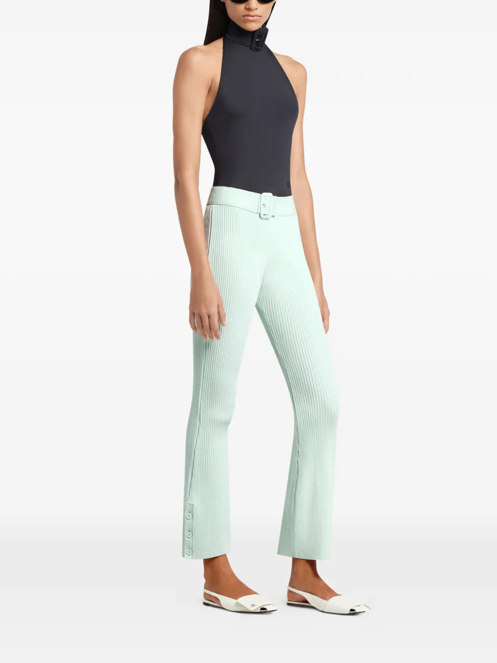 Courrèges Ribgebreide broek met ceintuur Groen