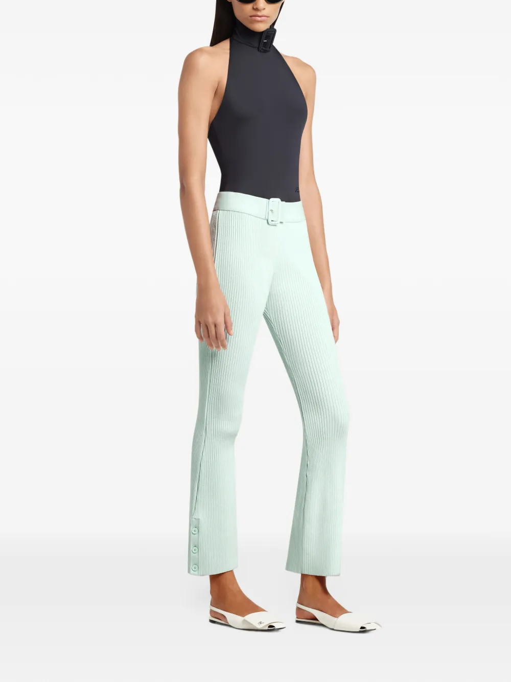 Courrèges Ribgebreide broek met ceintuur Groen