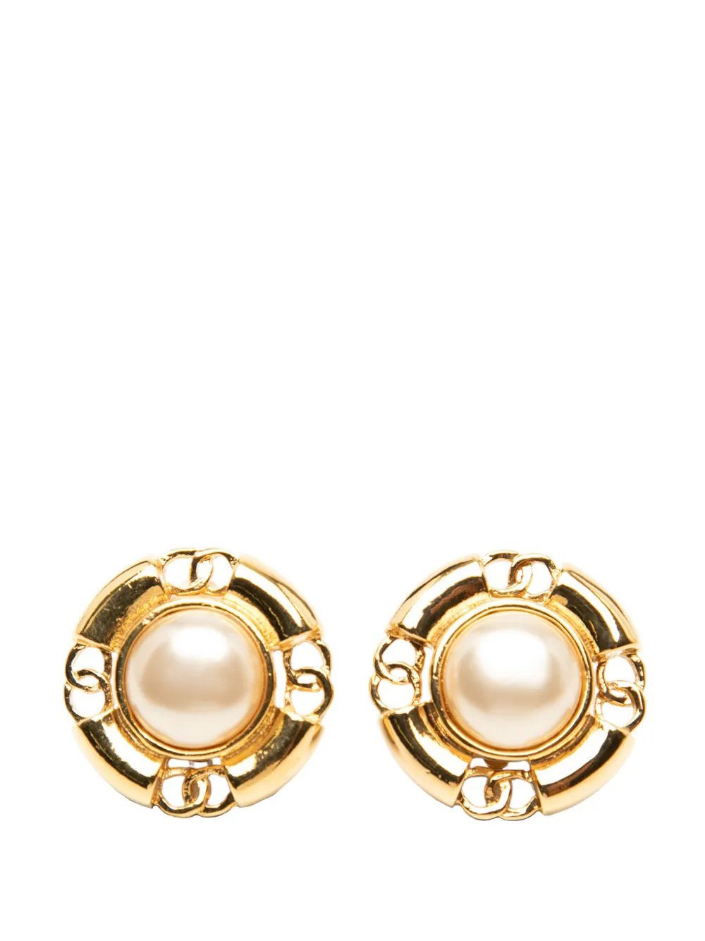 CHANEL Pre-Owned 1980-1990 Gold Plated CC Faux Pearl Clip On Earrings costume earrings - Oro