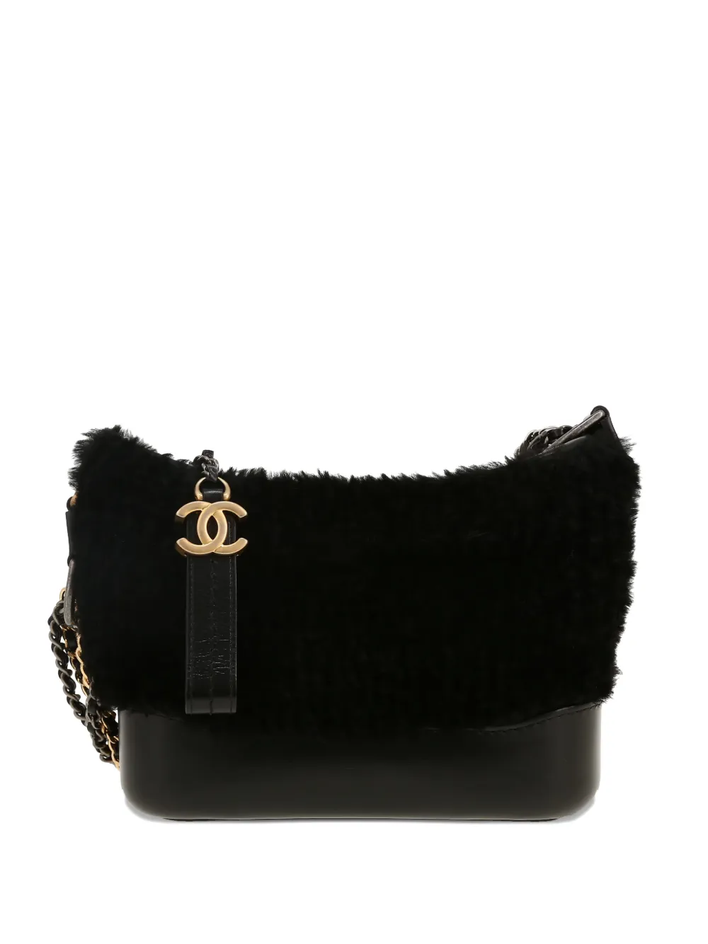 Pre-owned Chanel 2019 Small Gabrielle Fur-trim Shoulder Bag In Black