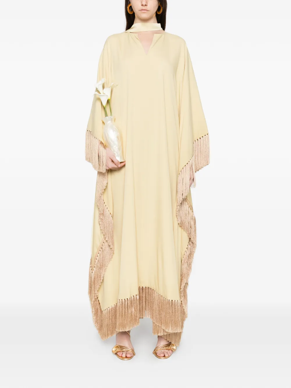 Taller Marmo tassel-trims shift asymmetric kaftan dress - Geel