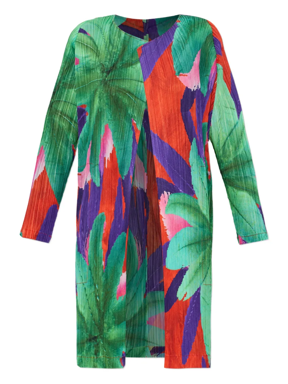 Issey Miyake Pleated Floral-print Coat In Green