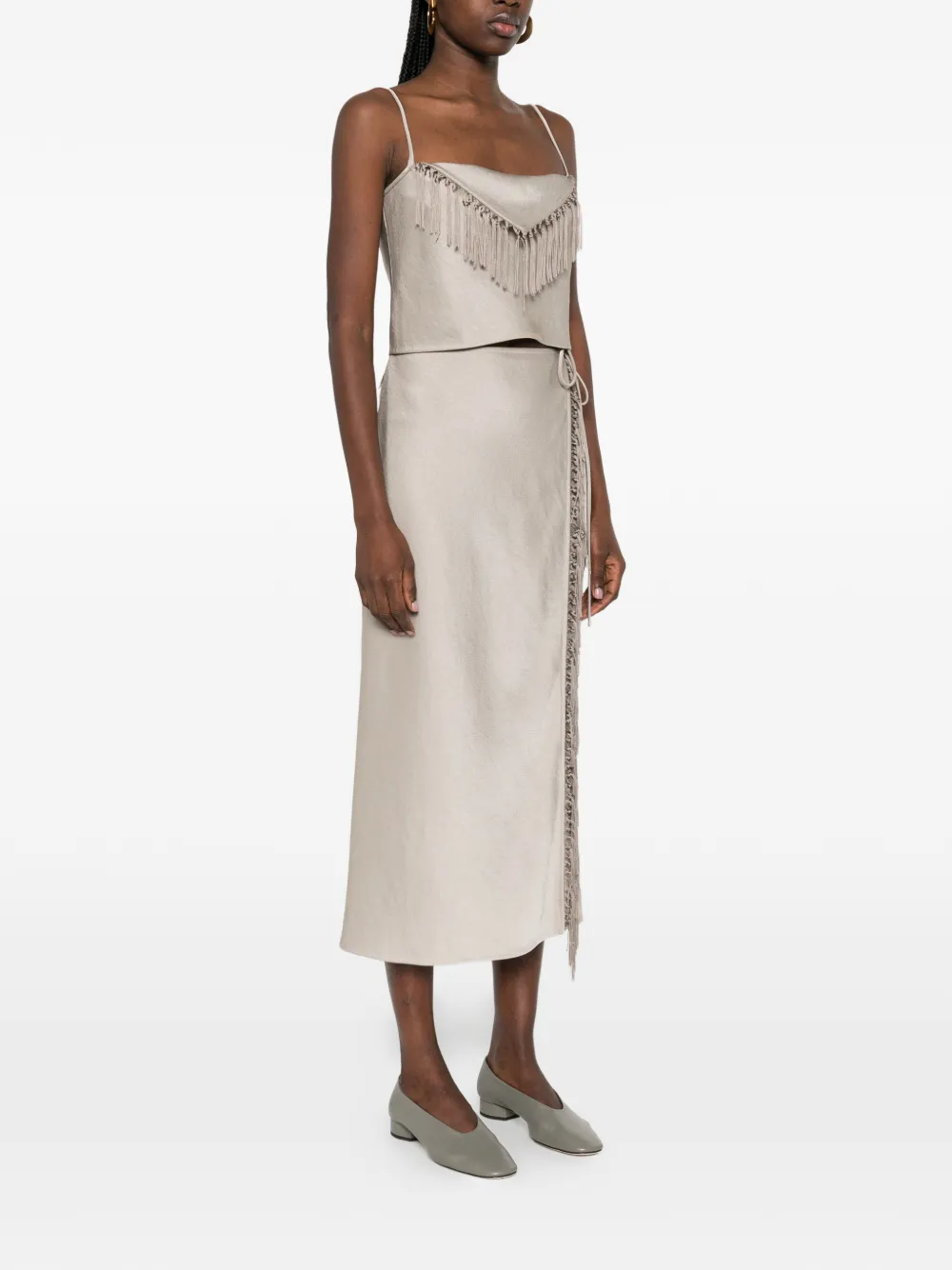  Nanushka Sarong Fringe-detail Midi Skirt - Grey 