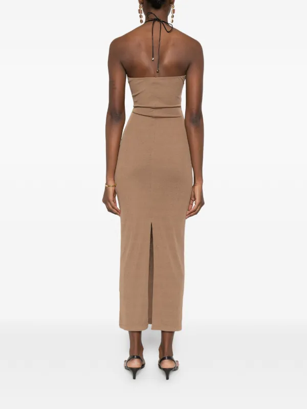 brown bandeau midi dress Chocolate PrettyLittleThing Chiffon Cape Detail Bandeau Skater Midi Dress