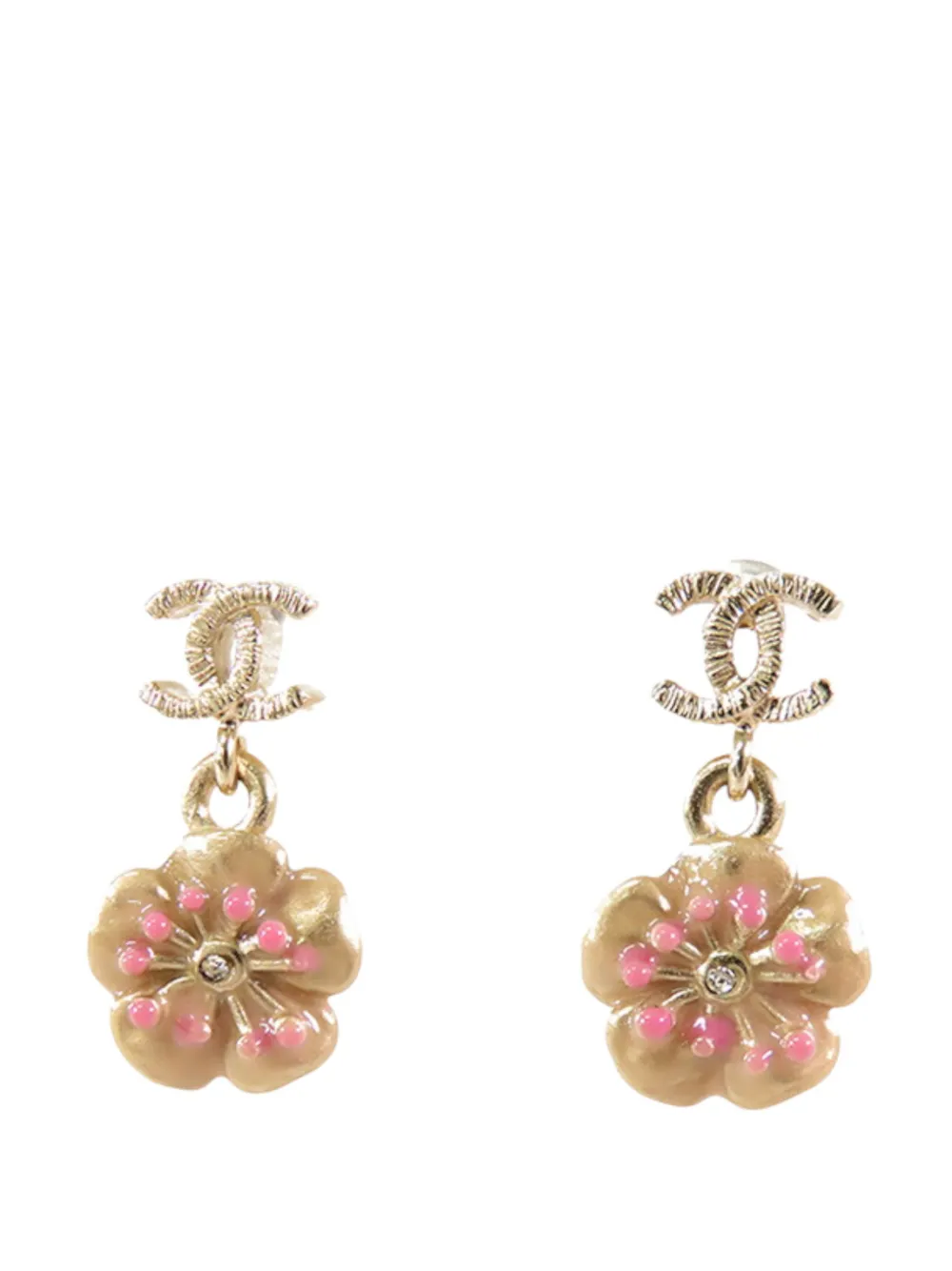 CHANEL Pre-Owned 2013 Gold Plated Enamel and Rhinestone CC Flower Drop Push Back Earrings costume earrings - Oro