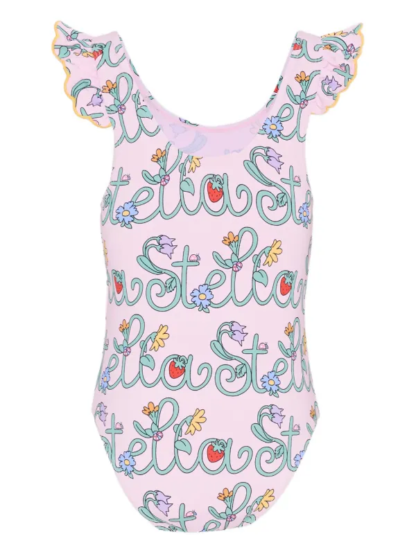 Stella McCartney Kids ロゴプリントラッフル ワンピース水着 | ピンク