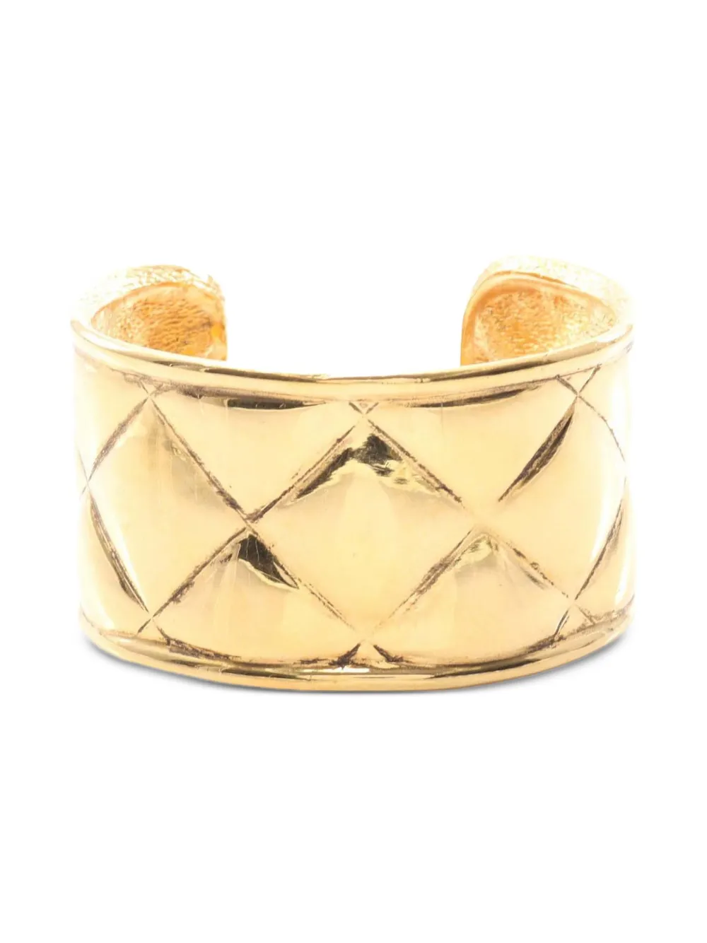 Pre-owned Chanel 1970-1980 Cc Gold Plated Quilted Wide Cuff Bracelet Costume Bracelet