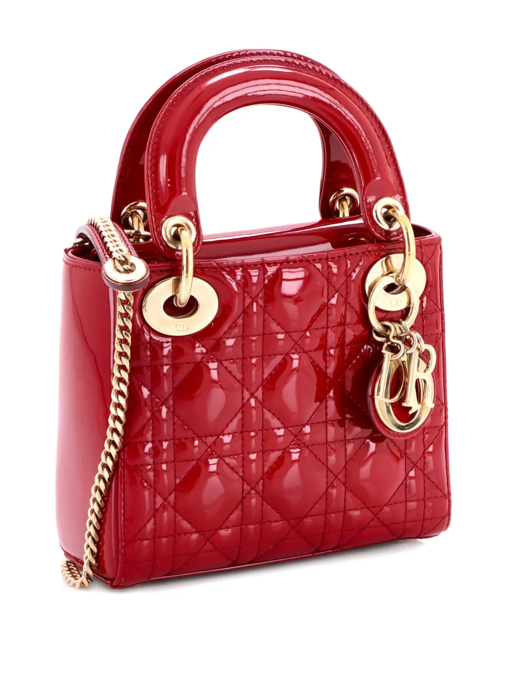 Pre-owned Dior Lady  Chain Bag Cannage Quilt Patent Mini Satchel In Red