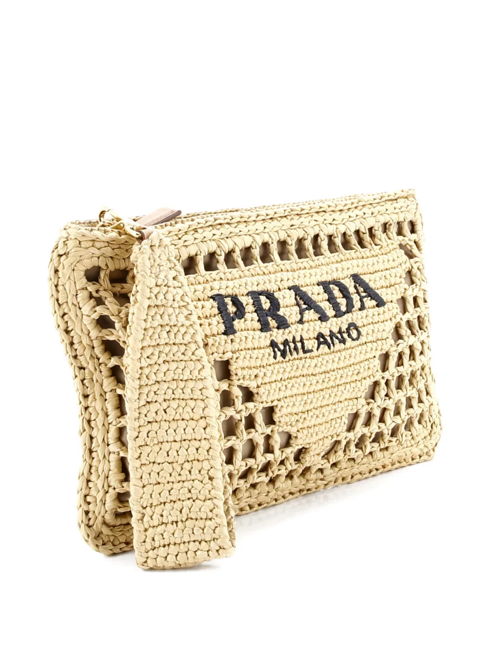 Pre-owned Prada Triangle Logo Zip Raffia Clutch Bag In Neutral