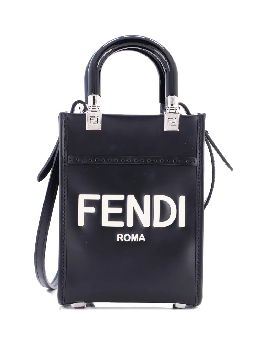 Pre-owned Fendi Sunshine Shopper Tote Leather Mini Crossbody Bag In Black