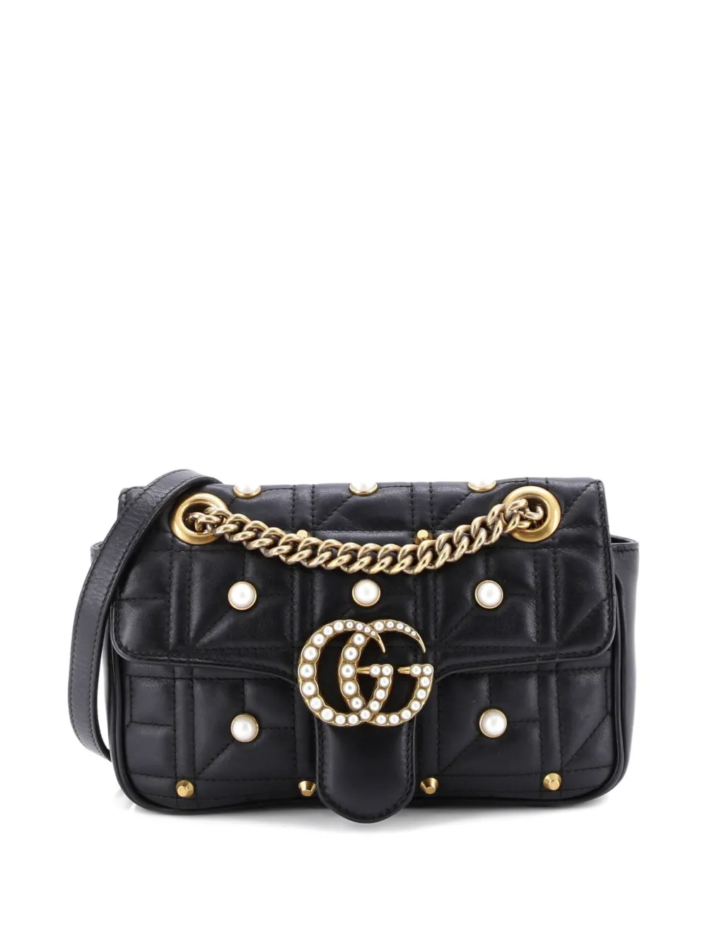 Gucci Pre-Owned Pearly GG Marmont Flap Bag Embellished Matelasse Leather Mini shoulder bag - Nero