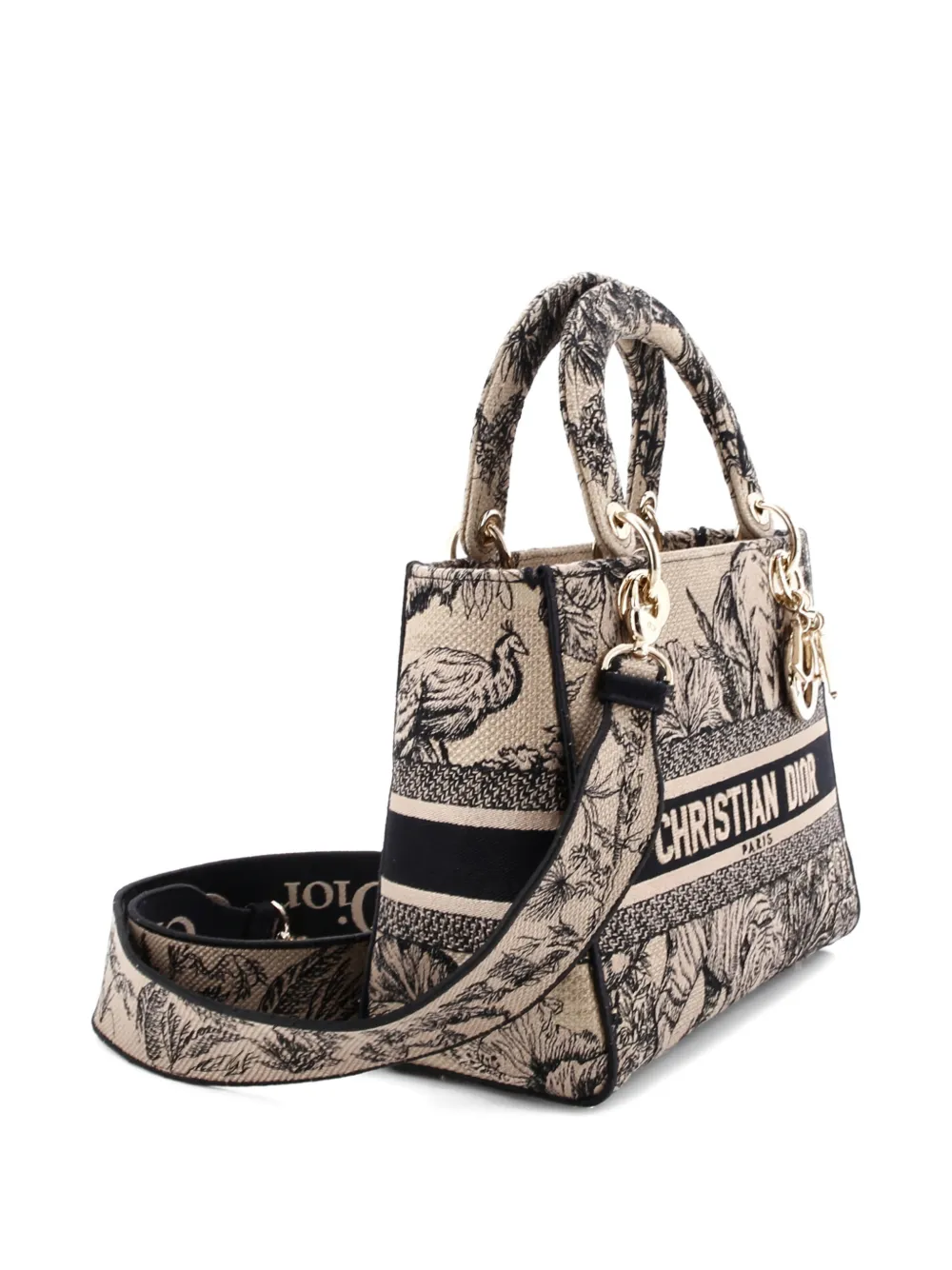 DIOR Pre-owned Lady D-lite Bag Embroidered Canvas Medium Satchel In Neutral