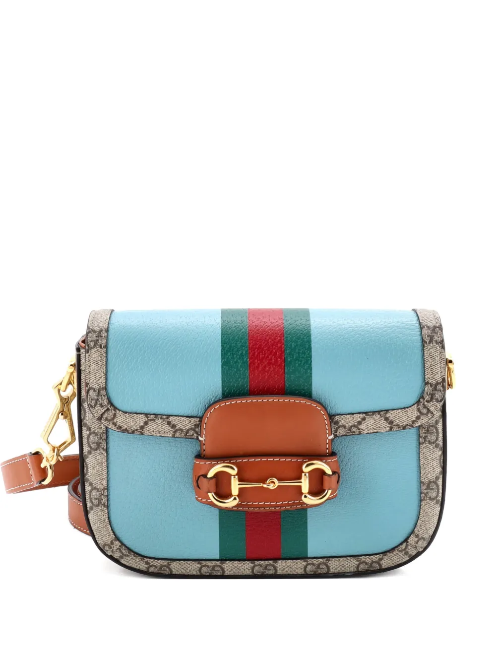 GUCCI Pre-owned Horsebit 1955 Shoulder Bag Leather With Gg Coated Canvas Mini Crossbody Bag In Blue
