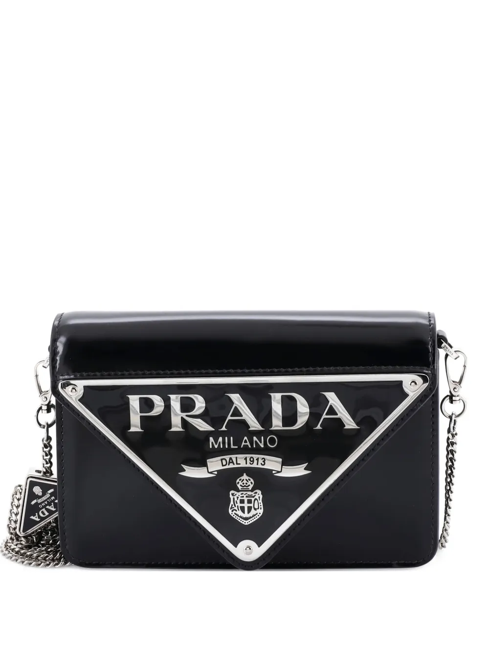 Prada Pre-Owned Maxi Triangle Logo Chain Flap Bag Brushed Leather Small crossbody bag - Nero