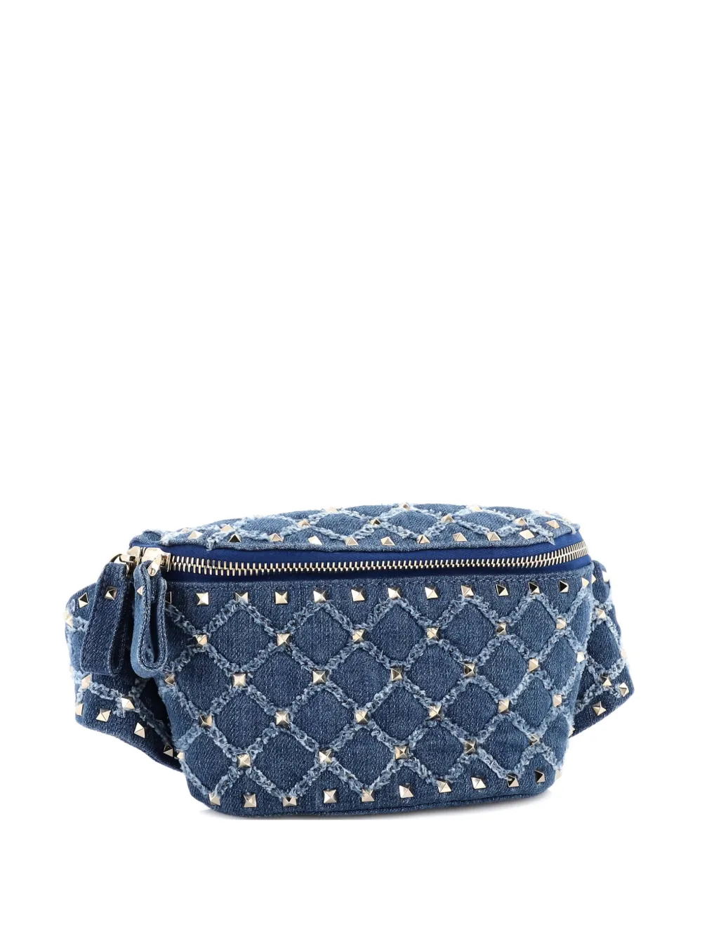 Pre-owned Valentino Garavani Rockstud Spike Quilted Denim Belt Bag In Blue