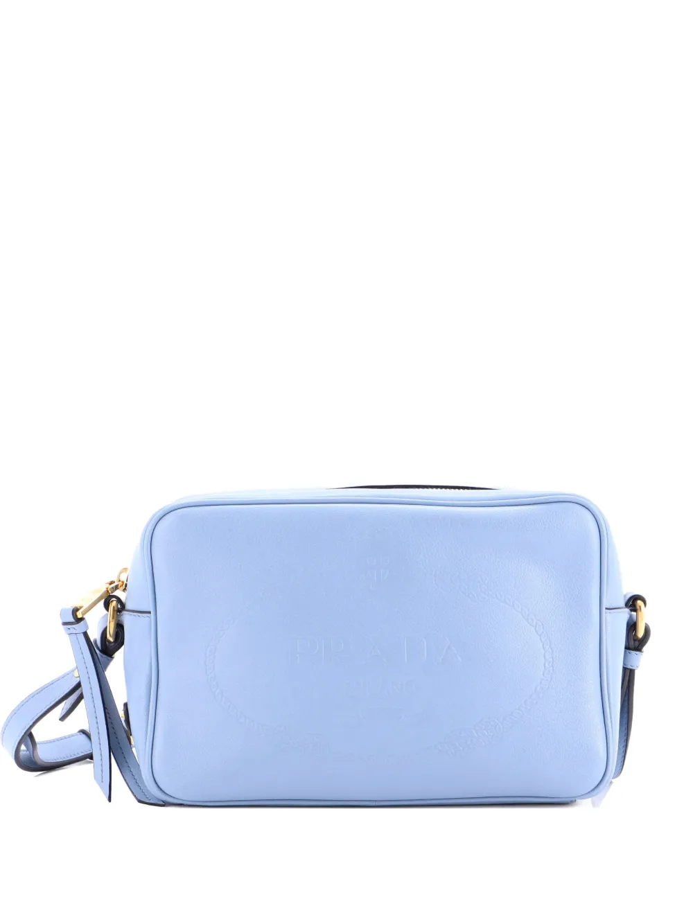 Pre-owned Prada Logo Camera Bag Embossed Leather Small Crossbody Bag In Blue