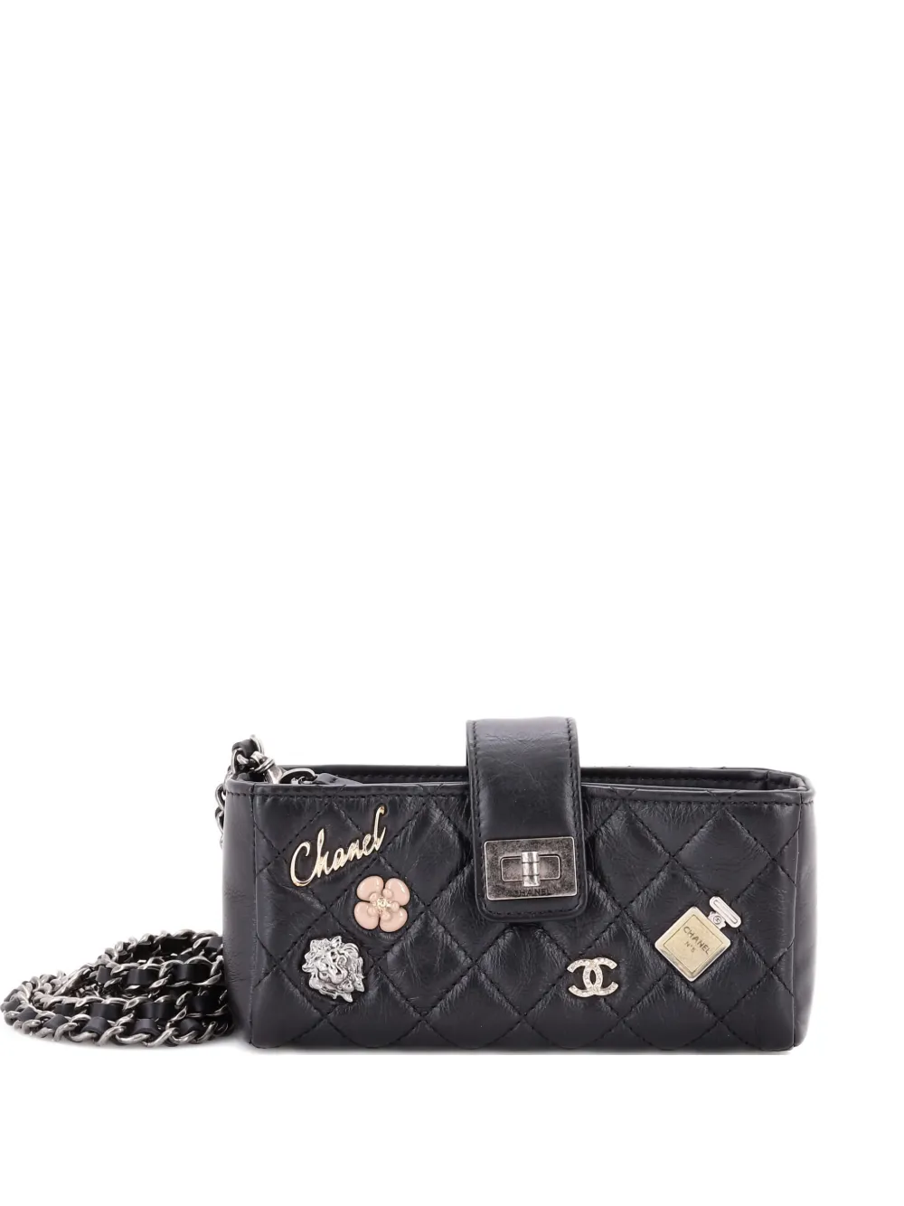 Pre-owned Chanel Lucky Charms Reissue Chain Phone Holder Quilted Aged Calfskin Mini Crossbody Bag In Black