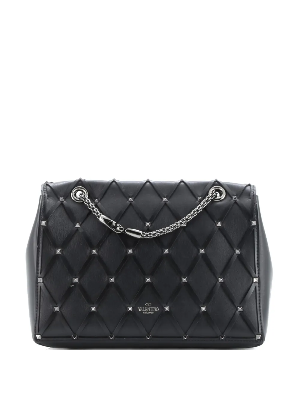 Pre-owned Valentino Garavani Rockstud Beehive Chain Flap Bag Quilted Leather Medium Shoulder Bag In Black
