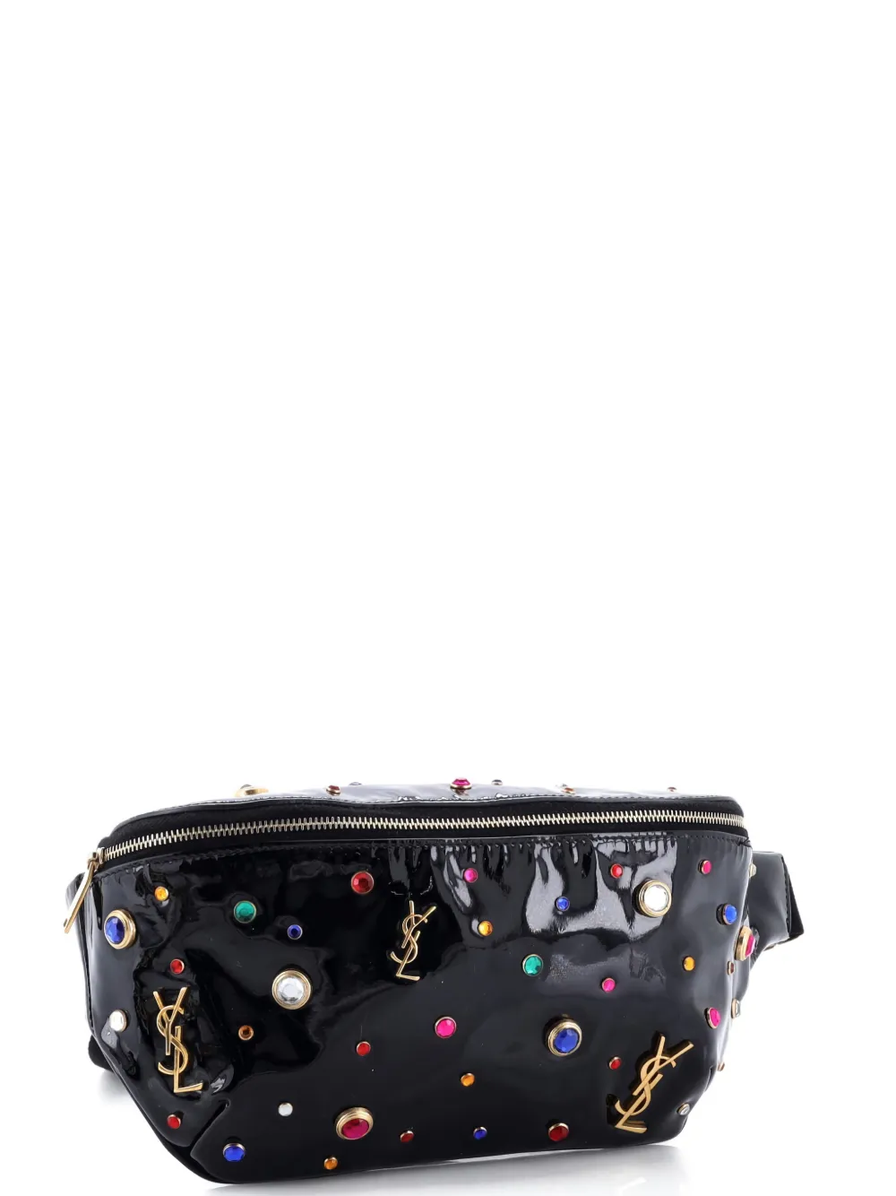 SAINT LAURENT Pre-owned Classic Monogram Embellished Patent Belt Bag In Black