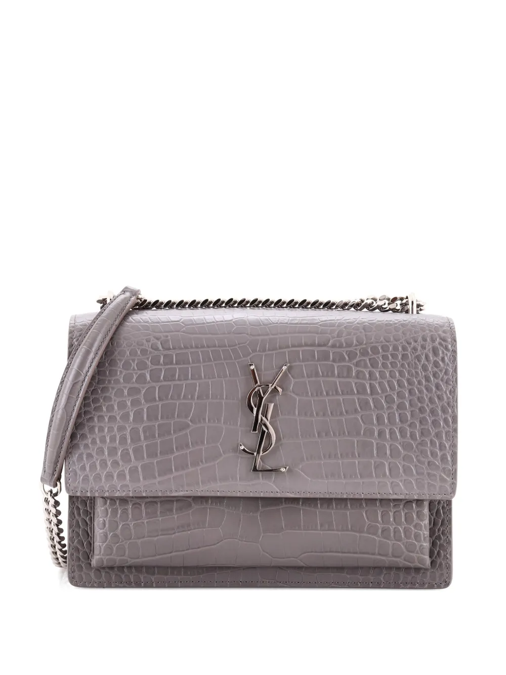 Pre-owned Saint Laurent Sunset Crocodile Embossed Leather Medium Crossbody Bag In Gray
