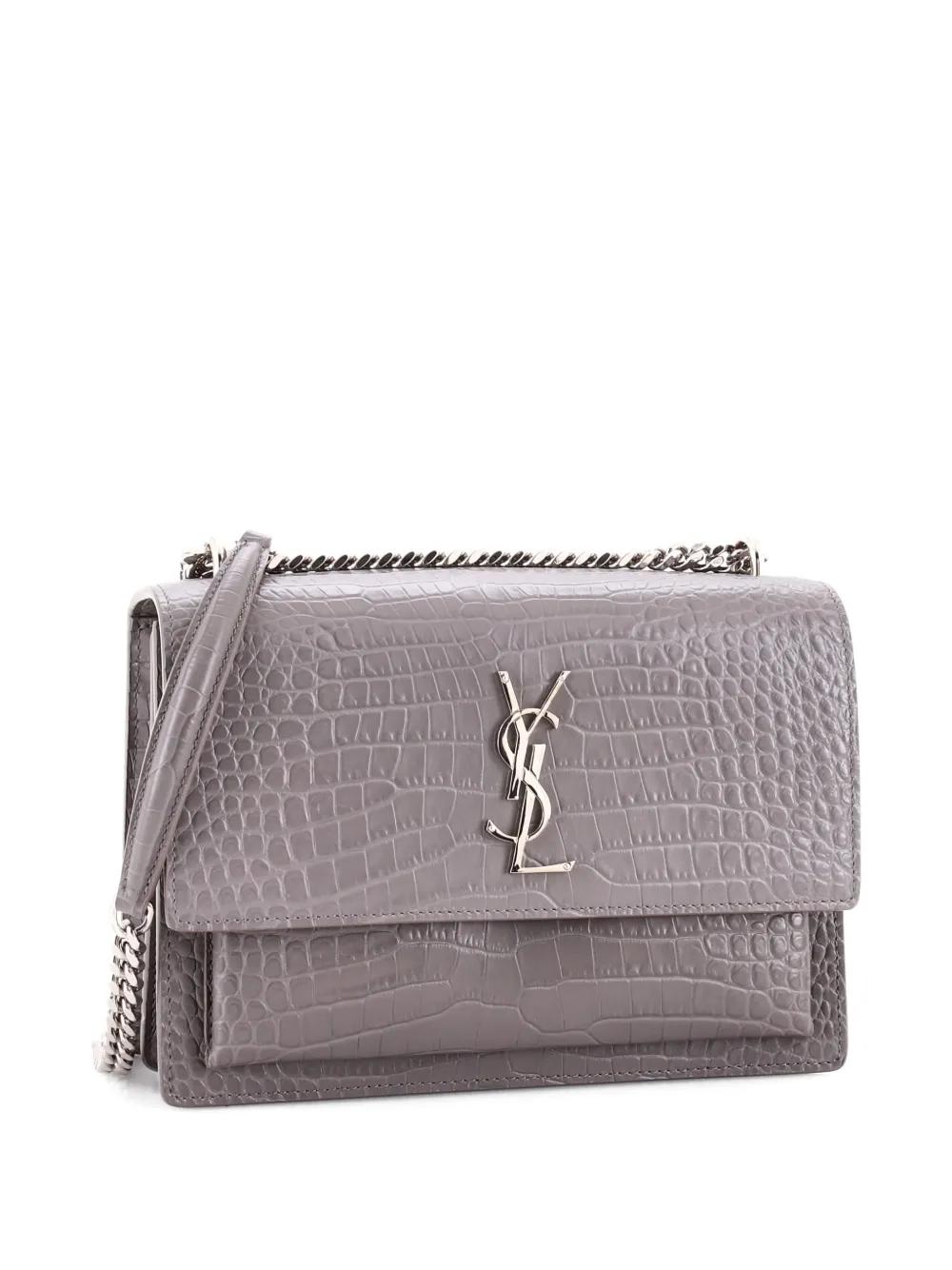 Pre-owned Saint Laurent Sunset Crocodile Embossed Leather Medium Crossbody Bag In Gray