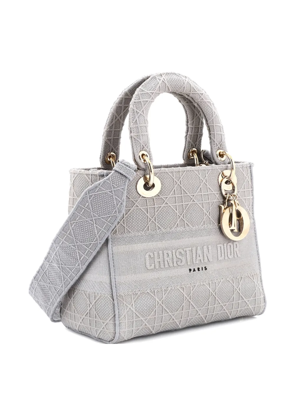 Pre-owned Dior Lady D-lite Bag Cannage Embroidered Canvas Medium Satchel In Gray