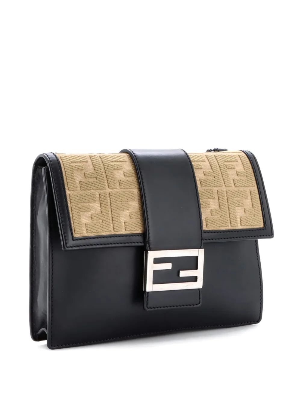 Pre-owned Fendi Flat Baguette Leather With Zucca Jacquard Medium Crossbody Bag In Black