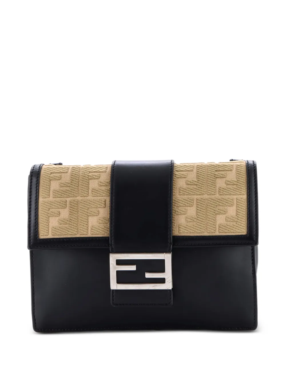 Fendi Pre-Owned Flat Baguette Leather with Zucca Jacquard Medium crossbody bag - Nero