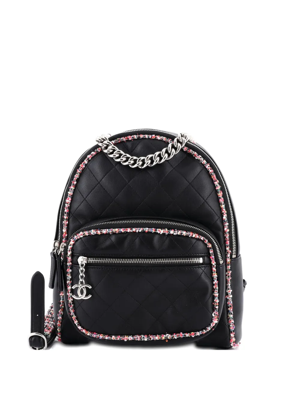 Pre-owned Chanel Elegant Trim Quilted Leather With Tweed Small Backpack In Black