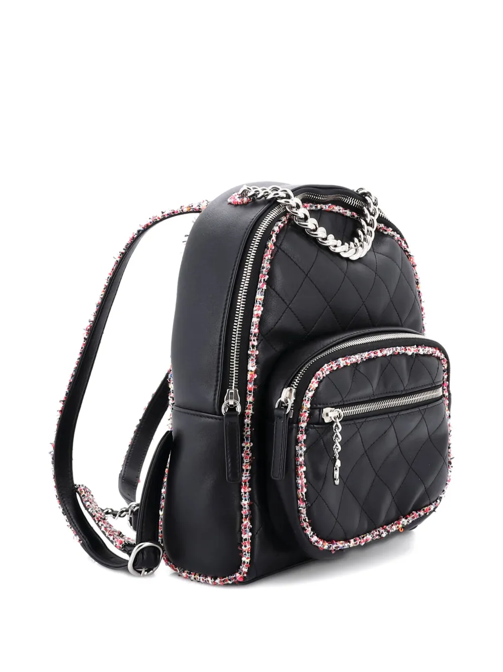 CHANEL Pre-owned Elegant Trim Quilted Leather With Tweed Small Backpack In Black