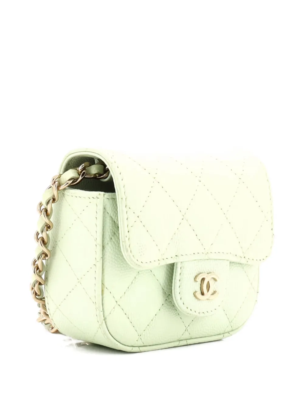 Pre-owned Chanel Classic Square Flap With Chain Quilted Caviar Mini Clutch Bag In Green