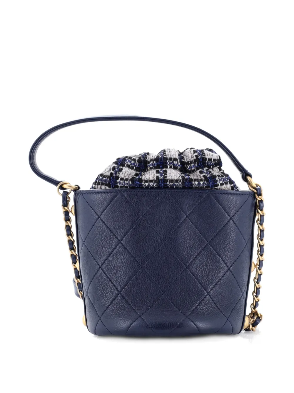 Pre-owned Chanel Cc Drawstring Crossbody Bag Quilted Calfskin With Tweed Mini Bucket Bag In Blue