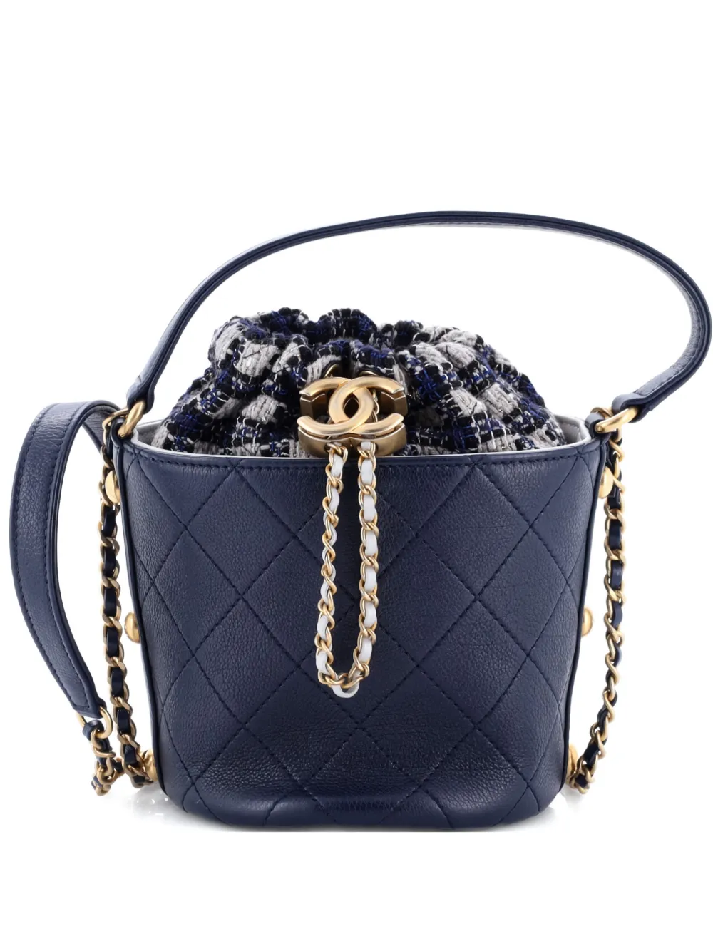 CHANEL Pre-Owned CC Drawstring Crossbody Bag Quilted Calfskin with Tweed Mini bucket bag - Blu