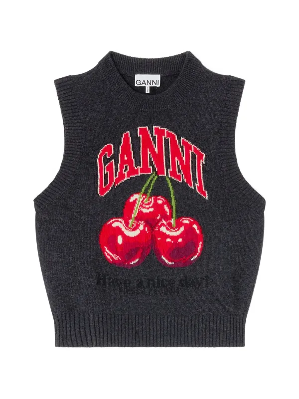 Ganni Cherry-embroidered Top in Grey