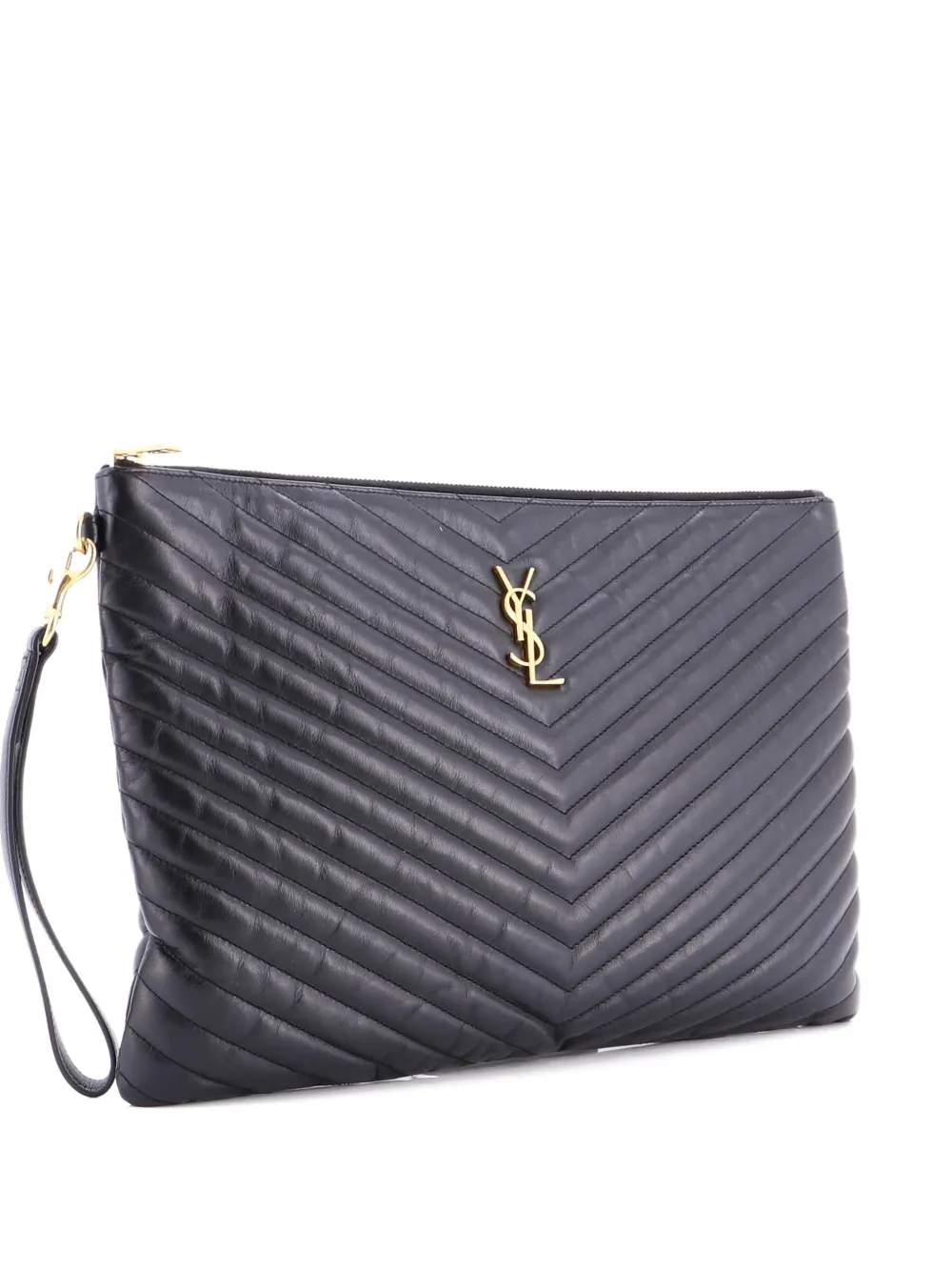 Saint Laurent Pre-Owned Classic Monogram Wristlet Pouch Matelasse Chevron Leather Large clutch bag - Nero