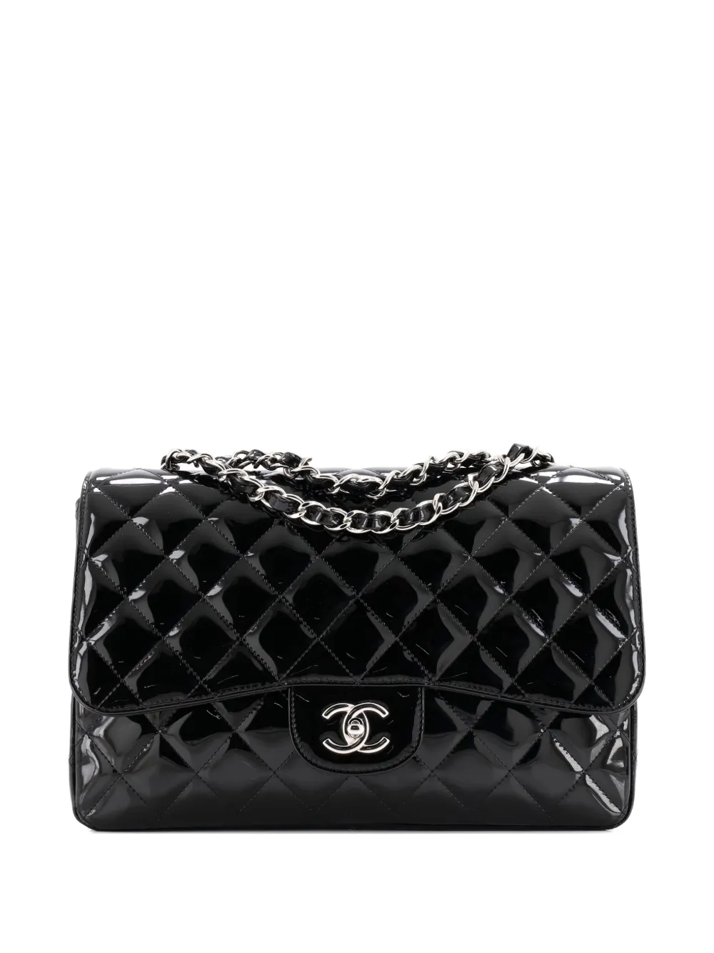 Pre-owned Chanel Classic Single Flap Bag Quilted Patent Jumbo Shoulder Bag In Black