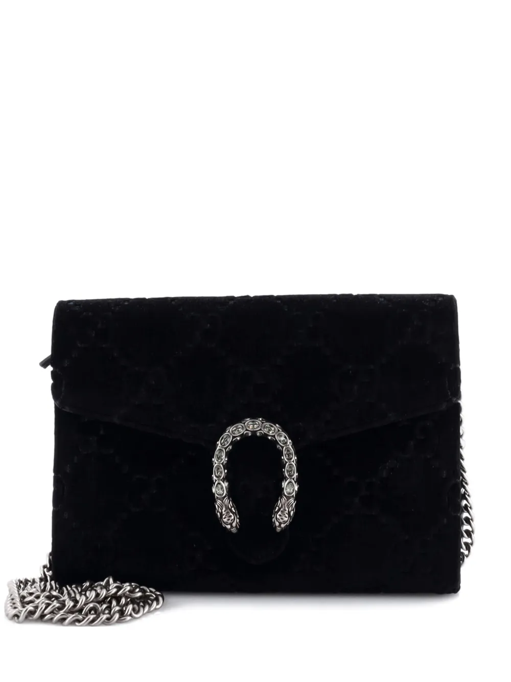 Pre-owned Gucci Dionysus Chain Wallet Gg Velvet Small Crossbody Bag In Black