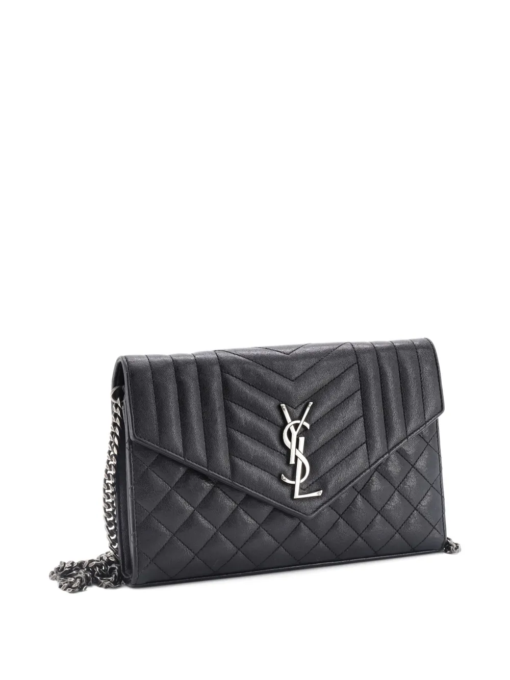 SAINT LAURENT Pre-owned Classic Monogram Chain Wallet Mixed Matelasse Leather Medium Crossbody Bag In Black