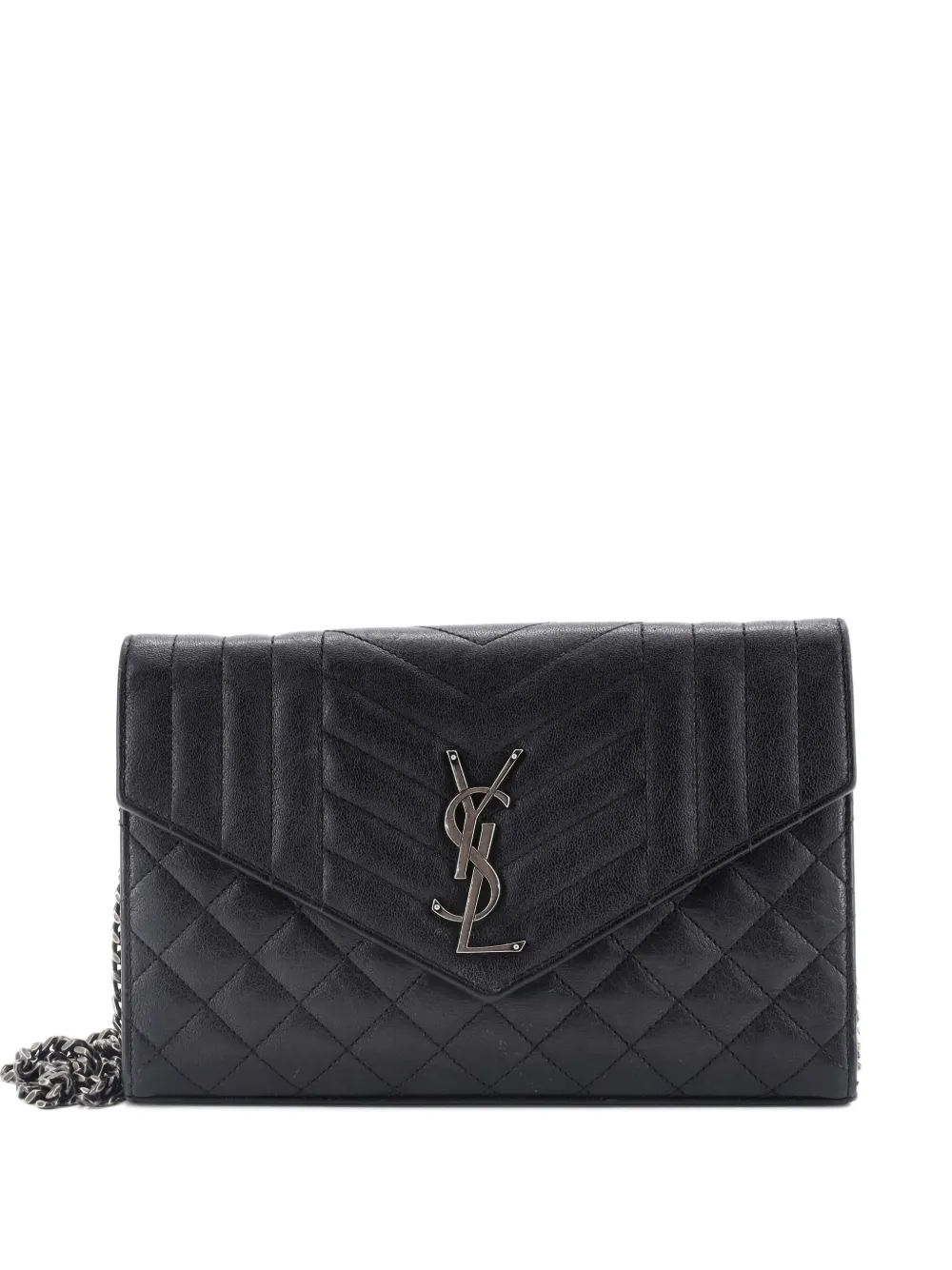 Pre-owned Saint Laurent Classic Monogram Chain Wallet Mixed Matelasse Leather Medium Crossbody Bag In Black