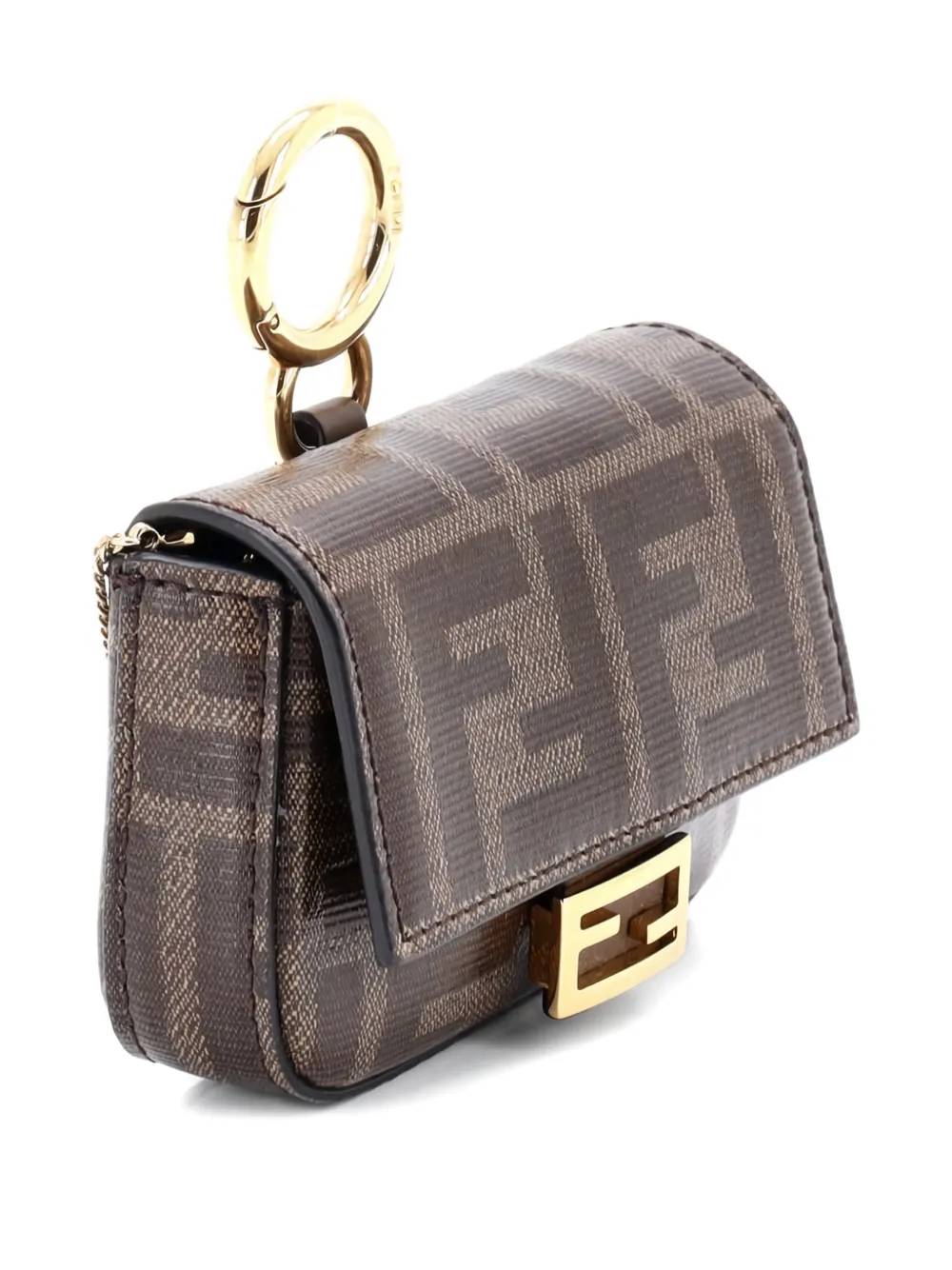 FENDI Pre-owned Chain Baguette Charm Bag Zucca Coated Canvas Nano Crossbody Bag In Brown