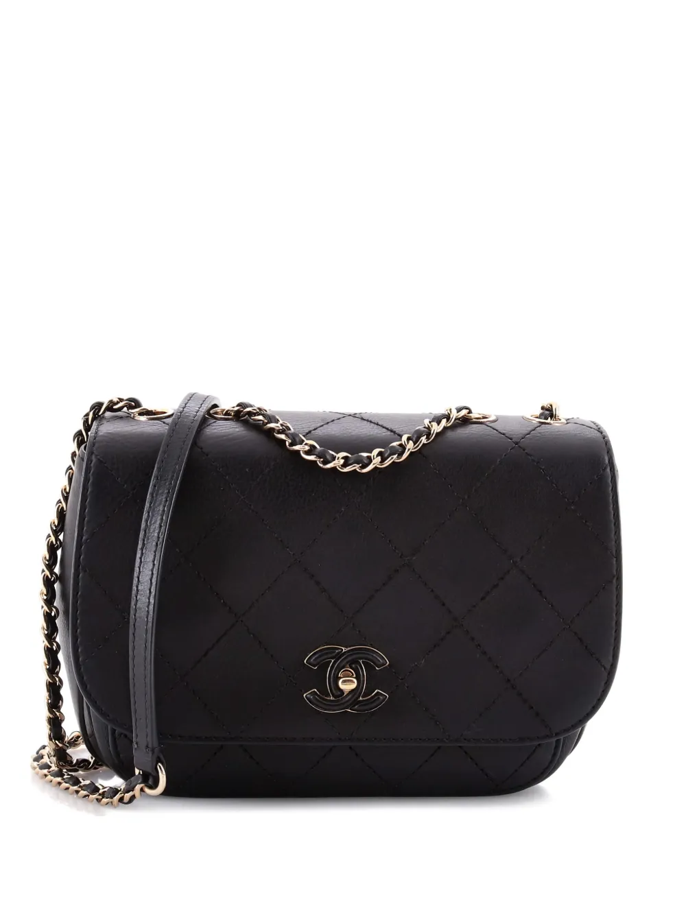 Pre-owned Chanel Enamel Cc Chain Flap Bag Stitched Calfskin Small Shoulder Bag In Black