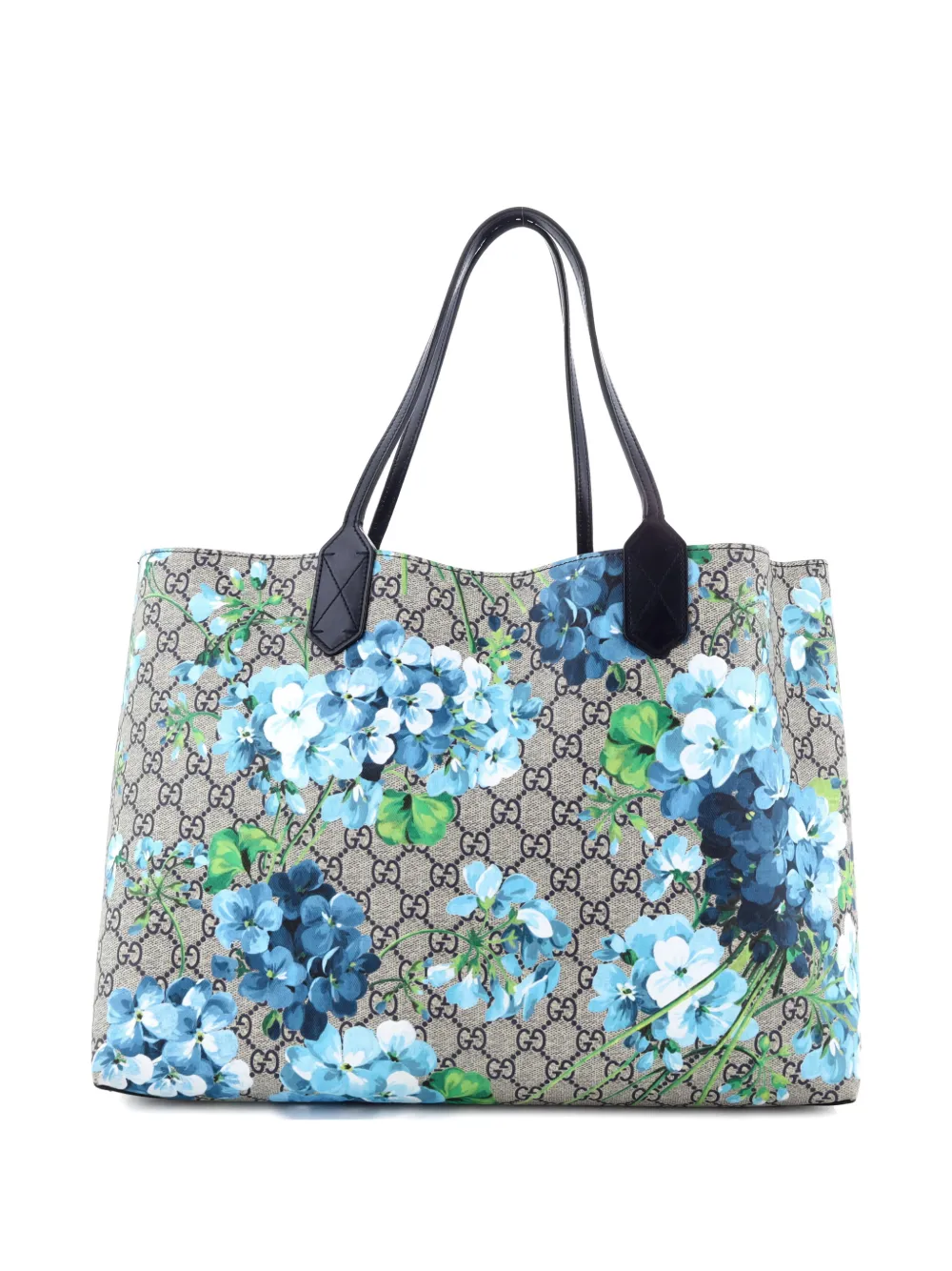Pre-owned Gucci Reversible Blooms Gg Print Leather Medium Tote Bag In Blue