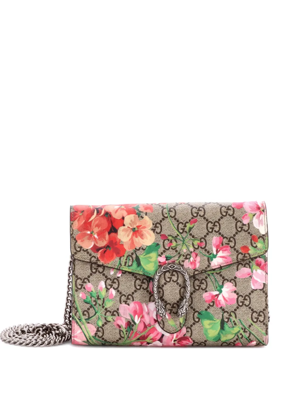 Pre-owned Gucci Dionysus Chain Wallet Blooms Print Gg Coated Canvas Small Crossbody Bag In Brown