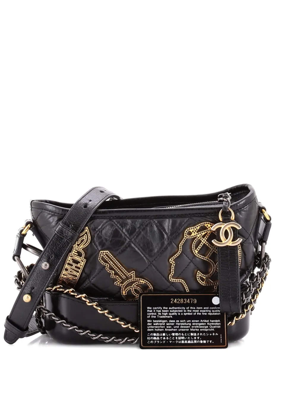 Pre-owned Chanel Gabrielle Embellished Quilted Aged Calfskin Small Hobo Bag In Black