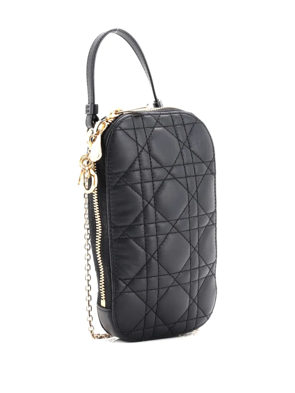 DIOR Pre-owned Lady Phone Holder On Chain Cannage Quilt Lambskin Crossbody Bag In Black