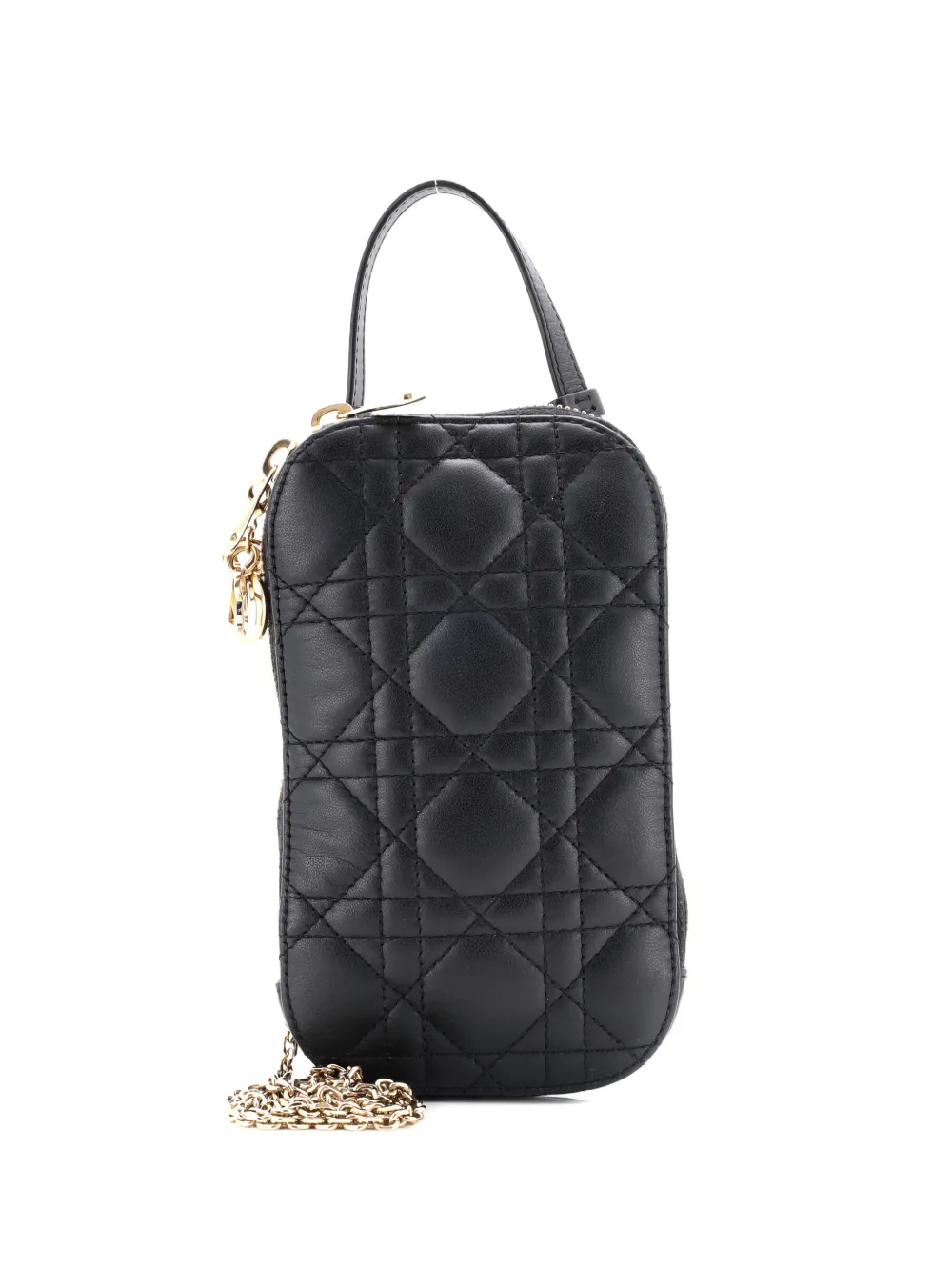 Pre-owned Dior Lady Phone Holder On Chain Cannage Quilt Lambskin Crossbody Bag In Black
